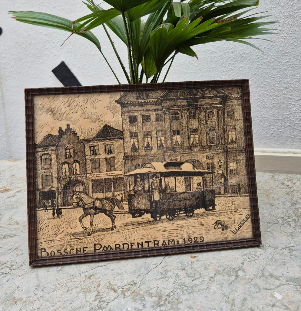 Tekening LEO VAN GRINSVEN 1929 De Bossche Paardentram……, Antiek en Kunst, Kunst | Tekeningen en Foto's, Ophalen of Verzenden