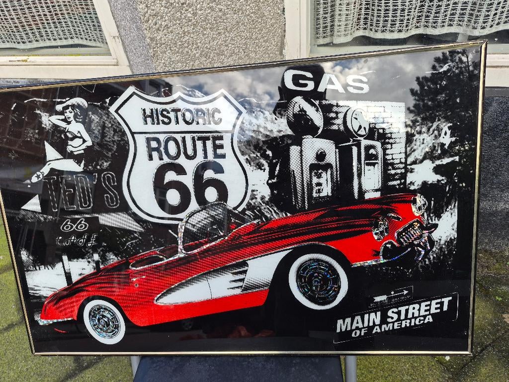 Route 66 Framed Poster, Corvette en het Route 66-logo, Ophalen, Zo goed als nieuw, Reclamebord