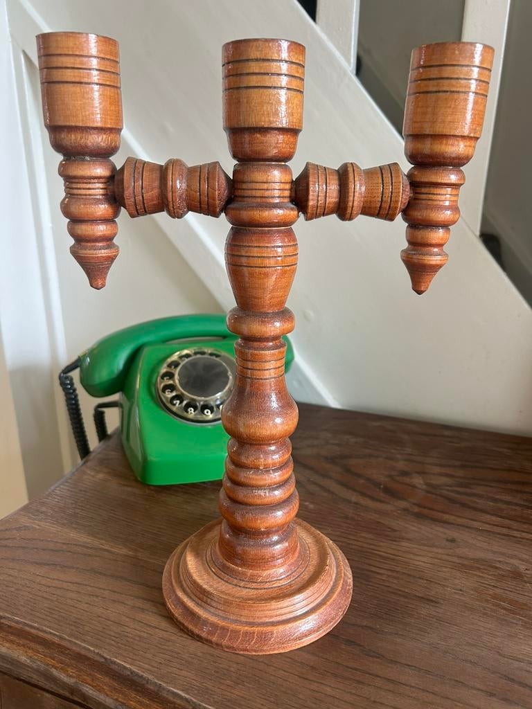 Vintage houten kandelaar 3-arm, Ophalen of Verzenden, Huis en Inrichting