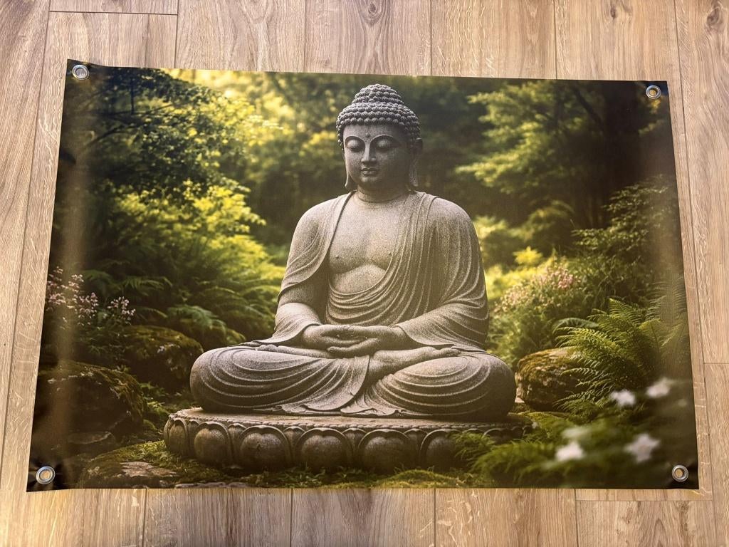 Tuinposter Boeddha – Rustgevende Zen 90 x 60cm, Tuin en Terras, Tuinwanddecoratie, Ophalen of Verzenden, Nieuw