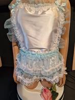 Blue Satin  Sissy Feminine Ruffle Romper  Handmade maat M, Handmade, Verzenden, Wit, Overige typen