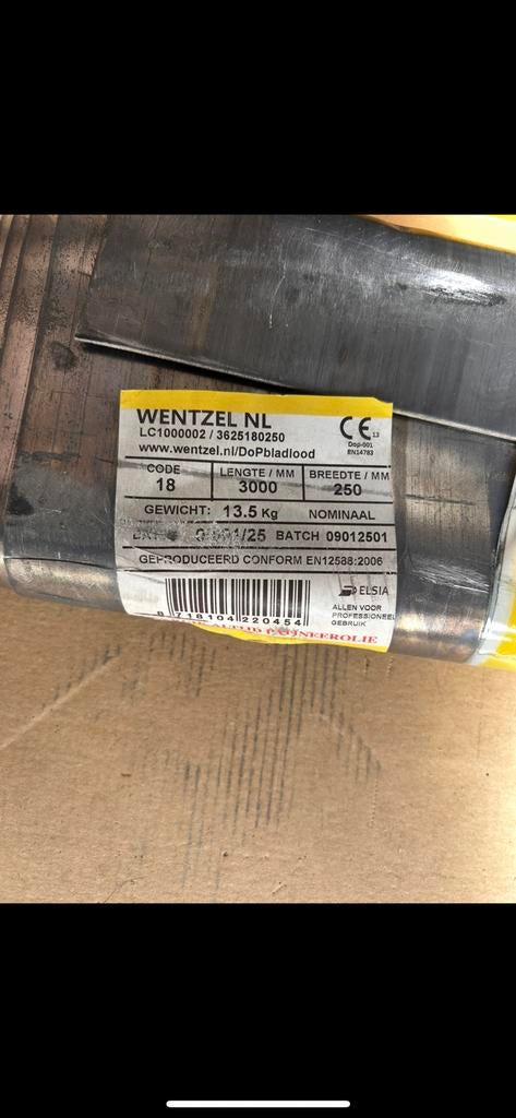 Wentzel Bladlood - Code 18 / 1,59x250x3000mm rol 13,5 kg, Doe-het-zelf en Verbouw, Metalen, Ophalen, Nieuw, Lood