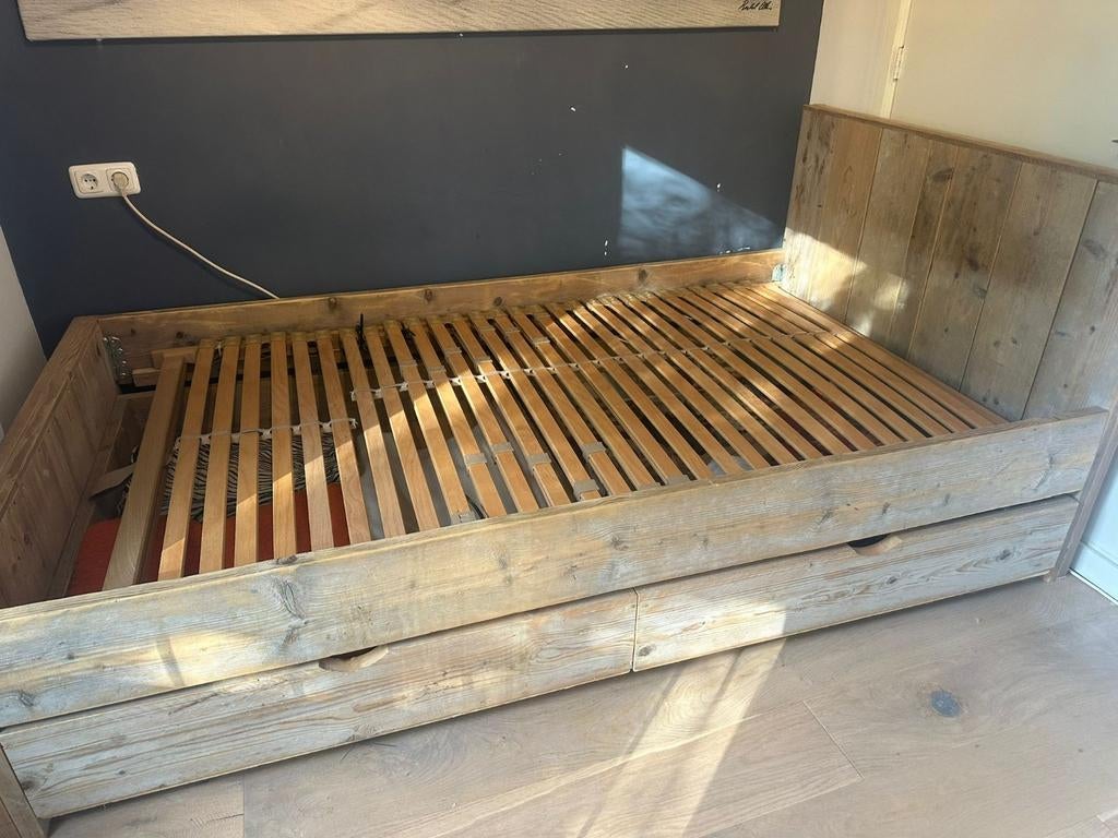 Steigerhouten bed met lades - 120x210 cm, Huis en Inrichting, Slaapkamer | Bedden, Gebruikt, Twijfelaar, 120 cm, 210 cm, Steigerhout