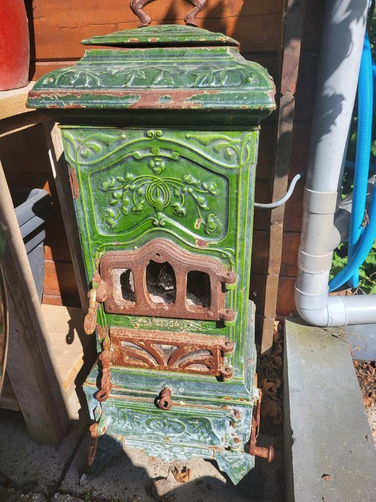 Antieke gietijzeren kachel - Groen geëmailleerd, Ophalen, Gebruikt, Houtkachel, Vrijstaand