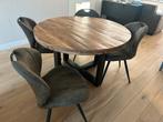 Ronde eettafel met 4 stoelen - Mangohout en metaal, Gebruikt, 100 tot 150 cm, Rond, Ophalen of Verzenden