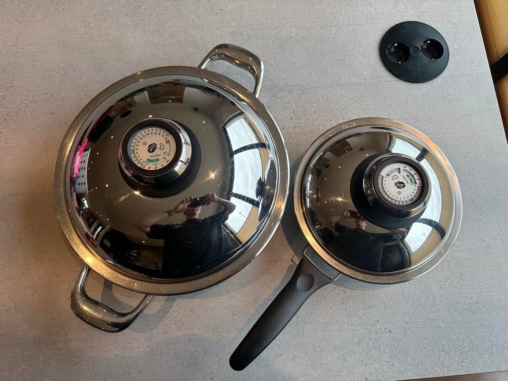 AMC Pannenset: wok en Koekenpan met Thermometer, Huis en Inrichting, Keuken | Potten en Pannen, Ophalen of Verzenden, Zo goed als nieuw