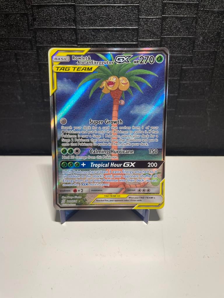 Rowlet & Alolan Exeggutor GX Tag Team Alt Art 215/236, Ophalen of Verzenden, Zo goed als nieuw, Losse kaart, Foil
