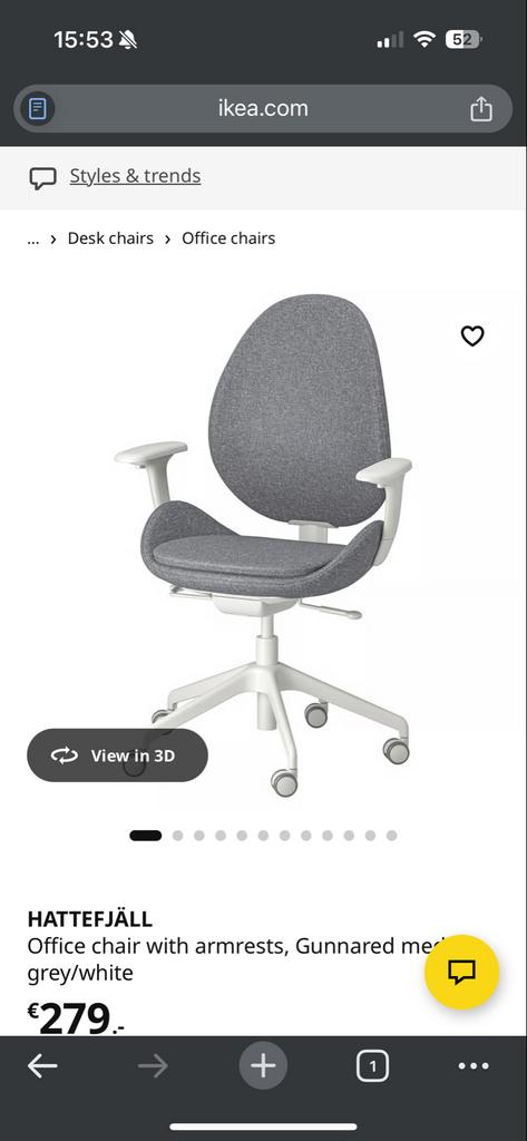 Ikea HATTEFJÄLL bureaustoel - Grijs/Wit, Huis en Inrichting, Bureaustoelen, Zo goed als nieuw, Bureaustoel, Grijs, Ergonomisch