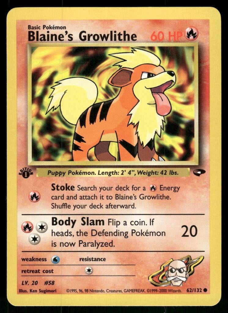 Blaine's Growlithe 62/132 - Gym Challenge (1st edition) (NM), Hobby en Vrije tijd, Verzamelkaartspellen | Pokémon, Verzenden, Gebruikt