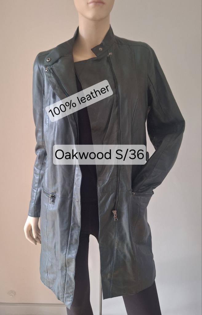 Oakwood 100% leer donkergroene trenchcoat tussenjas S, Ophalen of Verzenden, Zo goed als nieuw, Oakwood, Maat 36 (S)