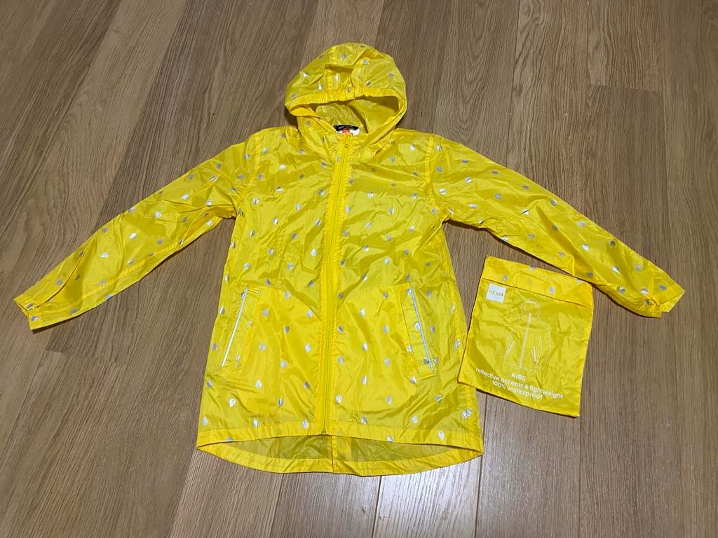 Hema Regenjas Geel Maat 146 met reflecterende druppels, Caravans en Kamperen, Regenkleding, Ophalen of Verzenden, Zo goed als nieuw