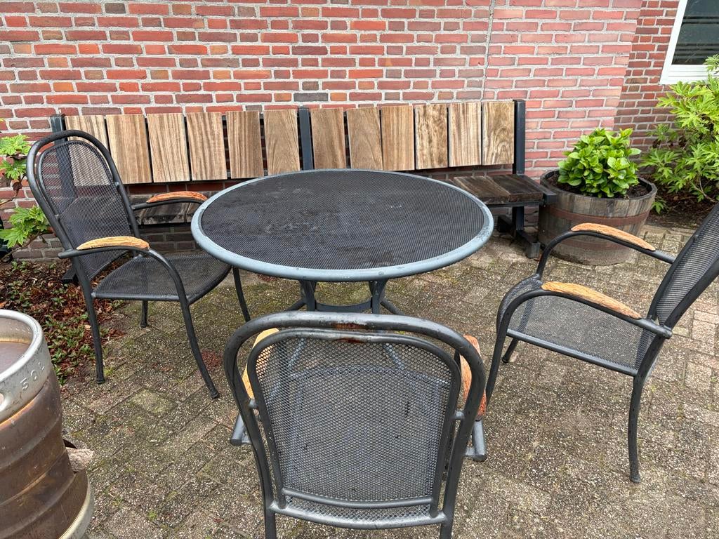 Ronde tuintafel met 3 stoelen, Tuin en Terras, Tuintafels, Ophalen, Gebruikt, Rond, Metaal