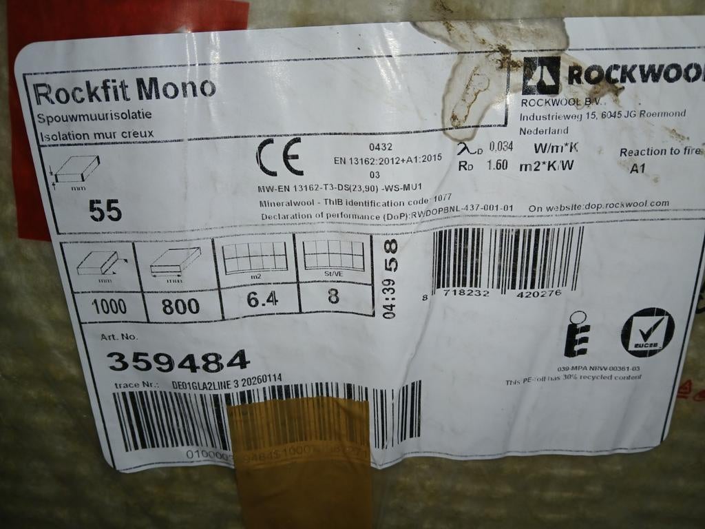 Rockwool Rockfit Mono Spouwmuurisolatie 55mm, Doe-het-zelf en Verbouw, Isolatie en Afdichting, Ophalen, 4 tot 8 cm, Nieuw, Steenwol