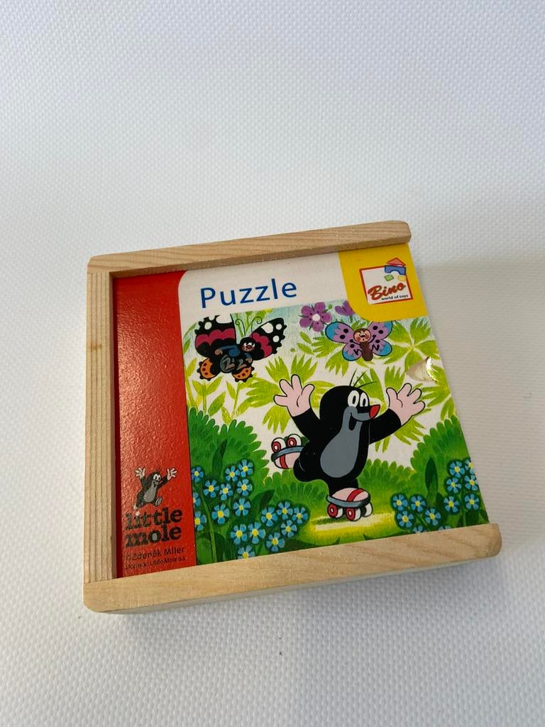 Houten puzzel in kistje van het Molletje van Zdenek Miller, Ophalen of Verzenden, 10 tot 50 stukjes, Gebruikt, 2 tot 4 jaar