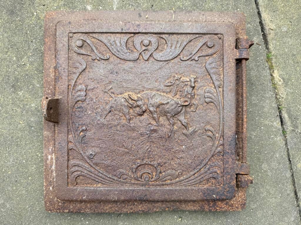 Antieke gietijzeren haardplaat, Ophalen of Verzenden, Gebruikt, Inbouwhaard, Houthaard