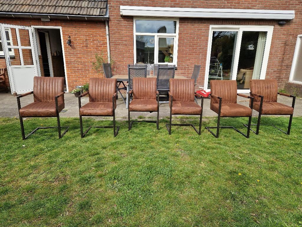 6 eettafelstoelen zo goed als nieuw bruin industrieel, Ophalen, Bruin, Zo goed als nieuw, Stof