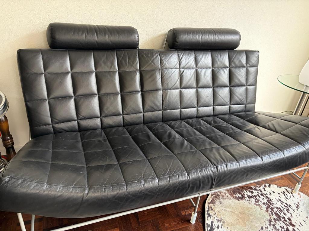 Leolux Volare design bank + fauteuil + hocker – zwart leer, Ophalen, Zo goed als nieuw, 75 tot 100 cm, Leer