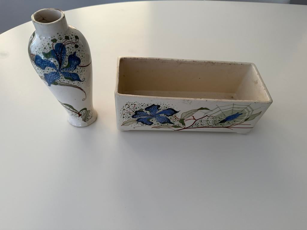 Jugendstil Plateel Vaasje en Plantenbakje Rijnland 1910-1925, Ophalen of Verzenden