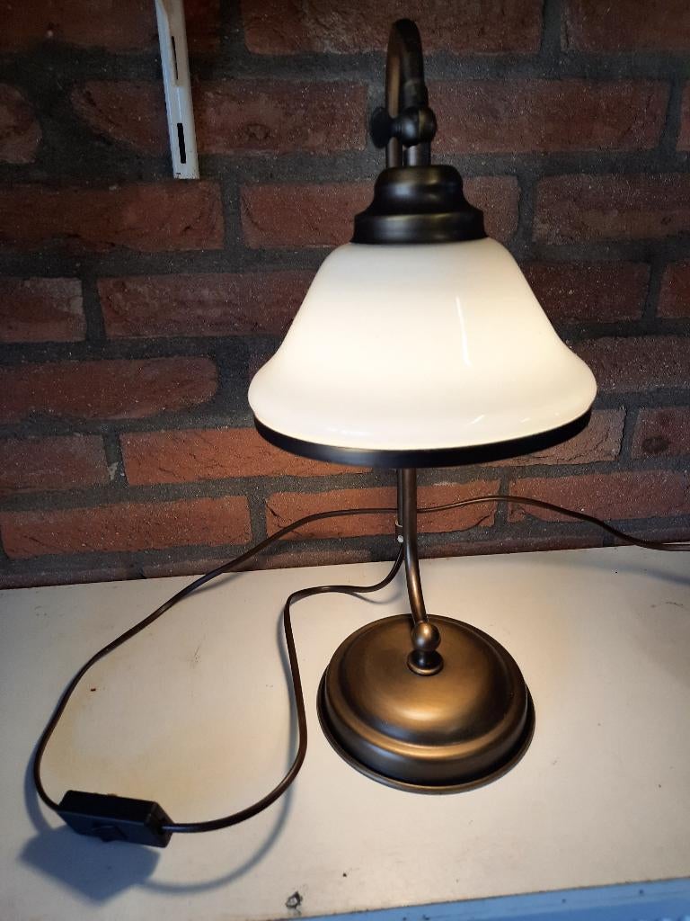 Tafellamp – bronskleurig – glazen kap – werkt goed, Ophalen, Gebruikt, Metaal, 50 tot 75 cm
