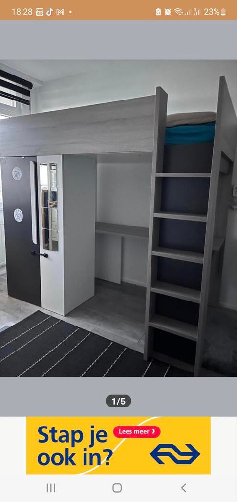 Hoogslaper met bureau en kast - Grijs/Wit, Ophalen, Zo goed als nieuw, Hoogslaper