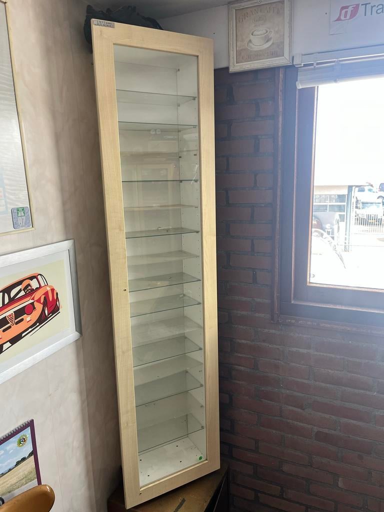 Hoge vitrinekast met glazen planken en deur, Huis en Inrichting, Kasten | Vitrinekasten, Ophalen, Minder dan 50 cm, Gebruikt, 200 cm of meer