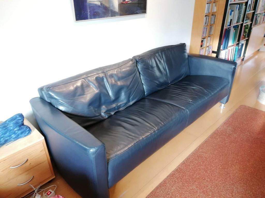 Net donkerblauw leren bankstel, 210x90 cm, Ophalen, Gebruikt, Driepersoons, Rechte bank