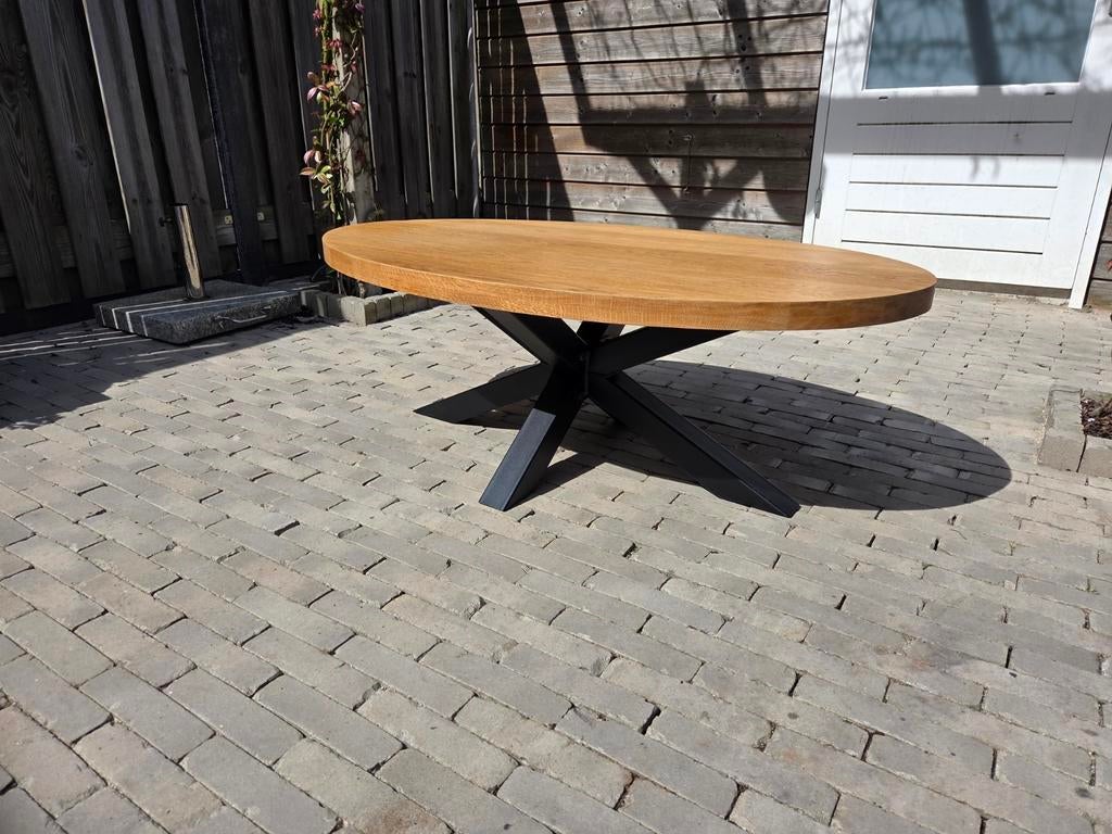 Massief Eikenhouten Salontafel Ovaal, Ophalen, 100 tot 150 cm, 50 tot 100 cm, Zo goed als nieuw