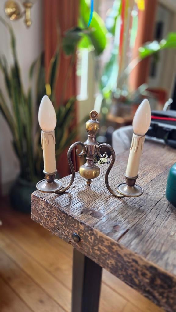 Antieke Koperen Bouillotte Lamp met Twee Lichtpunten, Ophalen of Verzenden