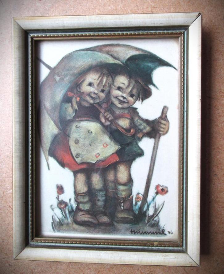 Hummel~Paraplu~Jongen meisje~jrn 50~Houten Lijst, Antiek en Kunst, Kunst | Overige Kunst, Ophalen of Verzenden