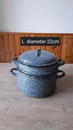 EMAILLE GRIJSGEWOLKTE STOOMPAN DIAMETER 22CM., Antiek en Kunst, Antiek | Emaille, Ophalen of Verzenden