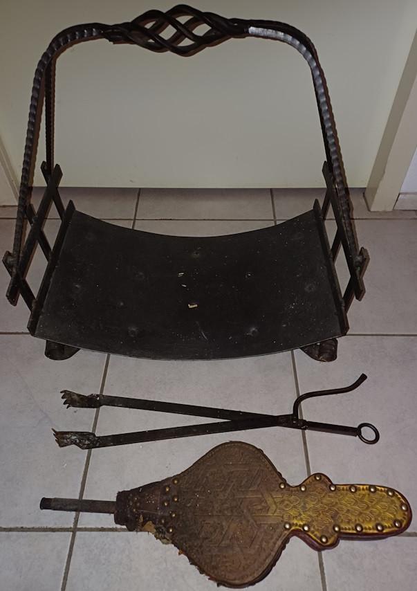 IJzeren open haardset: blokkenhouder, pook, tang, schep ++, Huis en Inrichting, Haarden, Gebruikt, Overige soorten, Ophalen