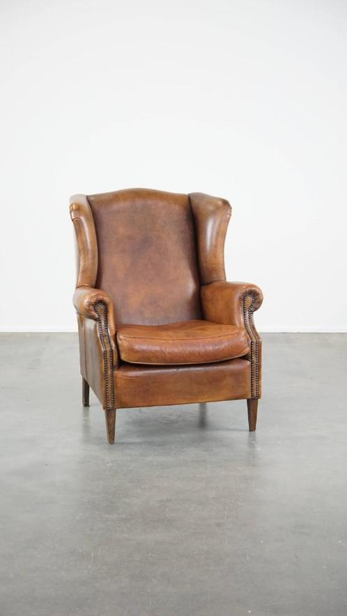Grote schapenleren oorfauteuil met prachtige kleuren, Huis en Inrichting, Fauteuils, Zo goed als nieuw, Leer, 75 tot 100 cm, 75 tot 100 cm