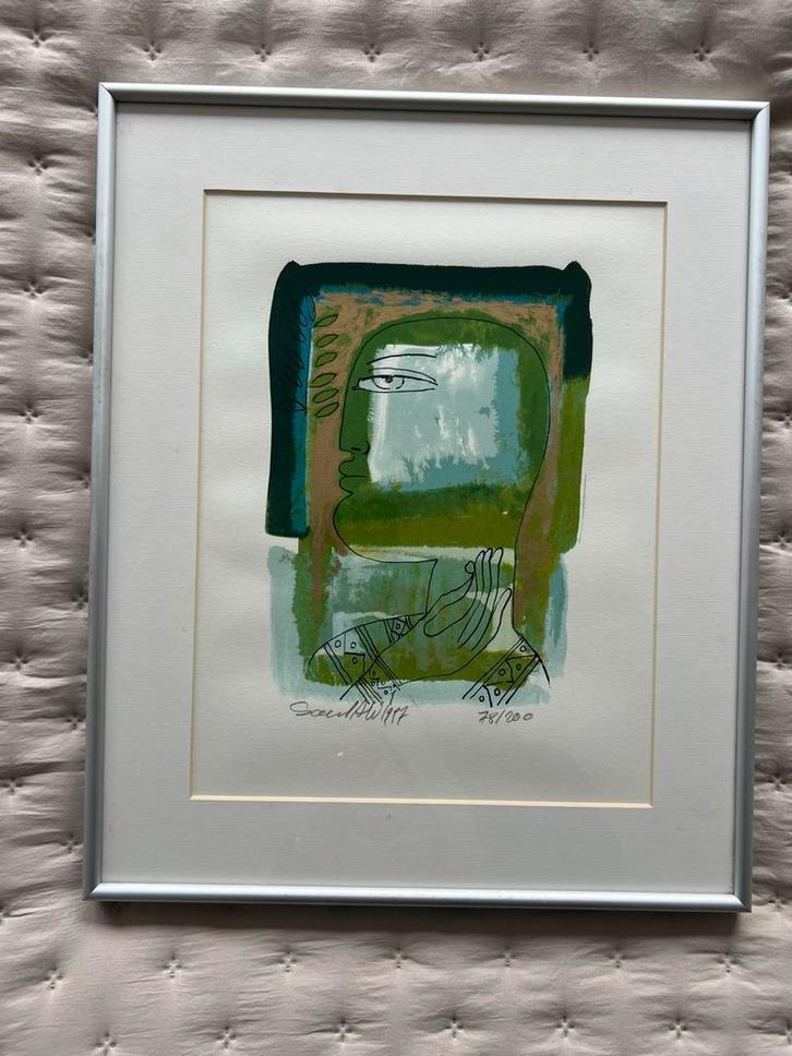 Kunstwerk: Abstract Portret, Gesigneerd, Saad Ali, Antiek en Kunst, Kunst | Etsen en Gravures, Ophalen of Verzenden