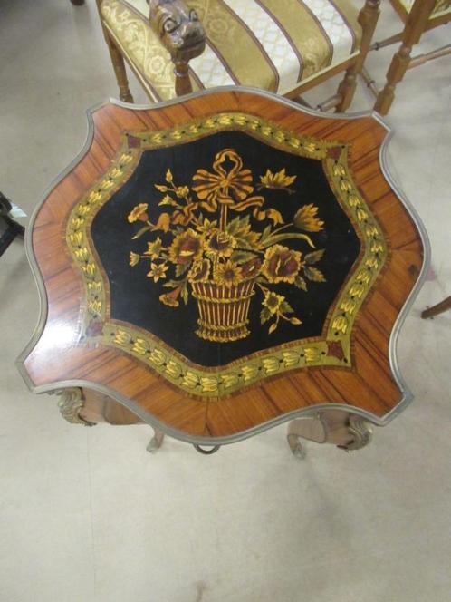 Oer 11162 vintage met bloemen ingelegd tafeltje met lade, Antiek en Kunst, Antiek | Meubels | Tafels, Ophalen