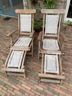 Twee mooie houten/rotan ligbedden, Ophalen, Gebruikt, Hout, Verstelbaar
