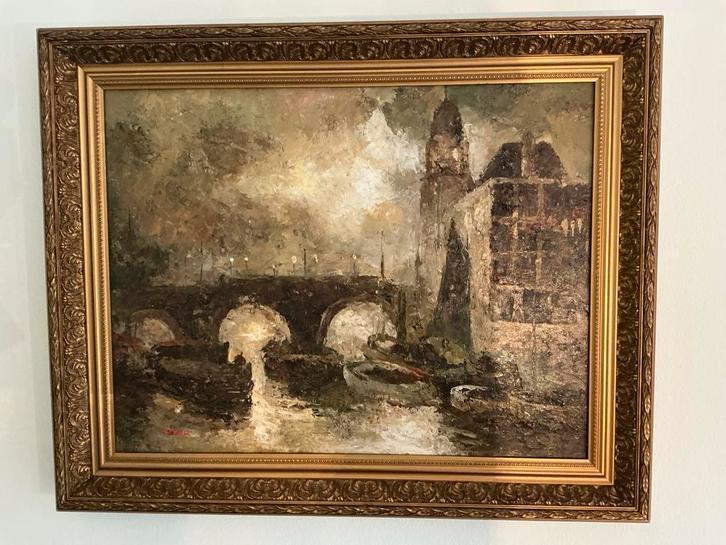 Olieschilderij Havenzicht - Gesigneerd Kerr, Antiek en Kunst, Kunst | Schilderijen | Klassiek, Ophalen