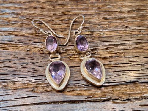 zilveren 925 oorbellen met amathist steentjes, jaren 60-70, Sieraden, Tassen en Uiterlijk, Oorbellen, Nieuw, Hangers, Zilver, Roze