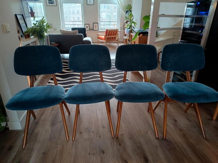 Set van 4 Louis van Teeffelen schaarstoelen, Huis en Inrichting, Stoelen, Gebruikt, Vier, Hout, Stof, Blauw, Ophalen