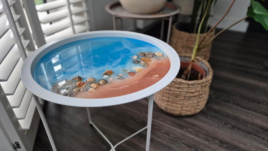 Uniek epoxy bijzettafeltje – planten tafel - kaarsplateau, 45 tot 60 cm, Minder dan 55 cm, Metaal of Aluminium, Rond