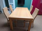 eiken eettafel met glasplaat en stoelen, Ophalen, Gebruikt, Eikenhout, 50 tot 100 cm