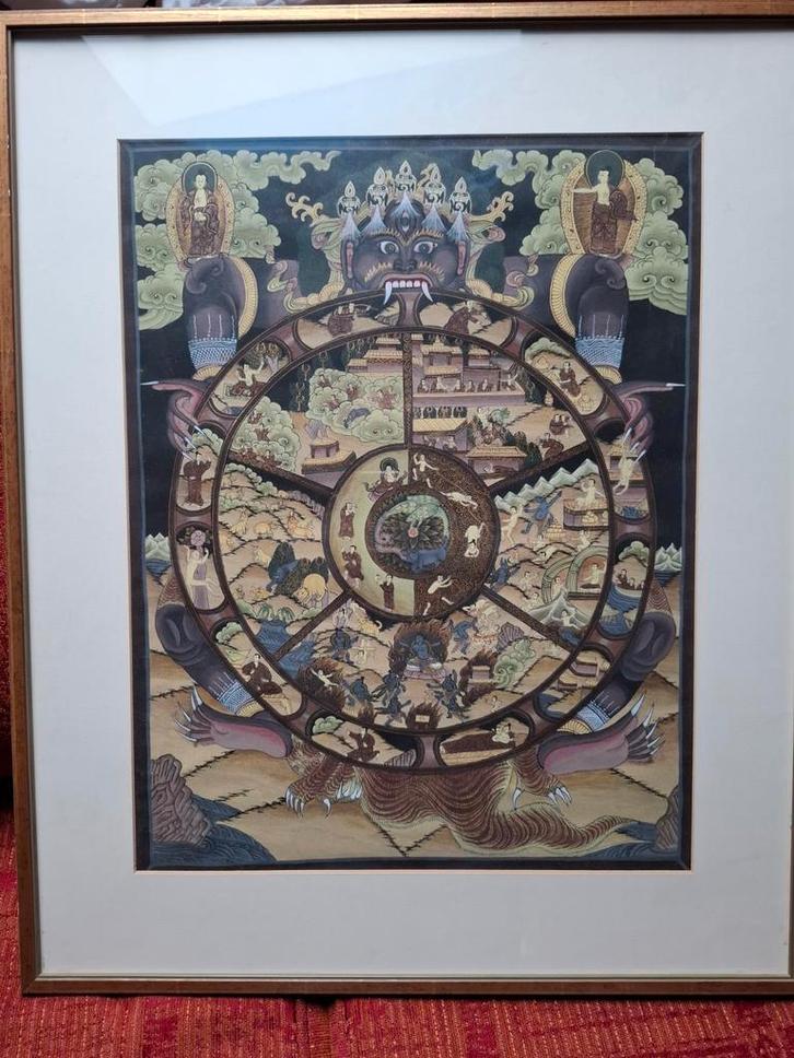 Tibetaanse Thangka - Levenswiel - Handgeschilderd, Antiek en Kunst, Kunst | Litho's en Zeefdrukken, Ophalen of Verzenden
