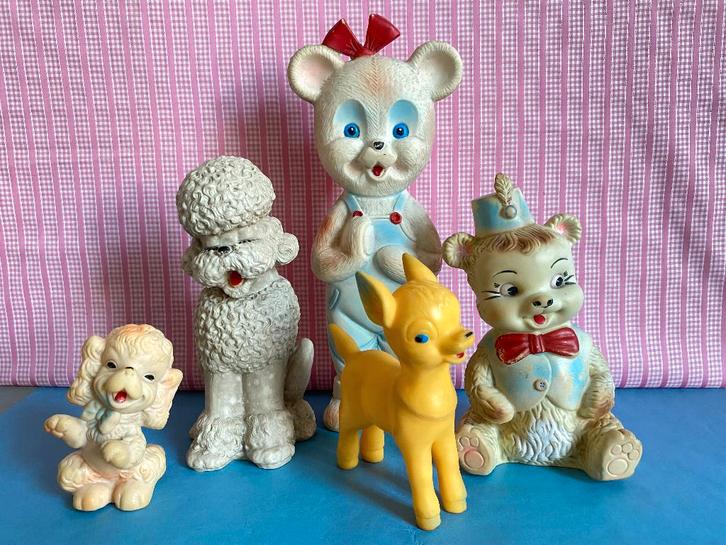 Vintage rubbertoys piepbeesten sqweaky toy, 5X, jaren 60, Verzamelen, Speelgoed, Gebruikt, Ophalen of Verzenden