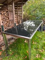 Glazen eettafel met aluminium onderstel, Huis en Inrichting, Gebruikt, Vijf personen of meer, Glas, 150 tot 200 cm