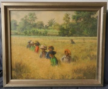 Olieverf Landarbeiders Indonesië Bali gesigneerd 1983 40x50 beschikbaar voor biedingen