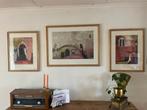 Set van 3 kunstprenten in goudkleurige lijsten, Ophalen of Verzenden, Zo goed als nieuw