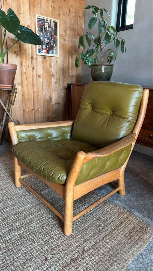Vintage design fauteuil Scandinavisch Deens, Huis en Inrichting, Fauteuils, Zo goed als nieuw, Hout, Leer, 75 tot 100 cm, 75 tot 100 cm