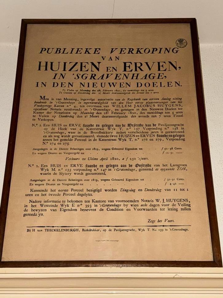 Aankondiging affiche begin 1800 verkoop huizen den haag, Antiek en Kunst, Curiosa en Brocante, Ophalen of Verzenden