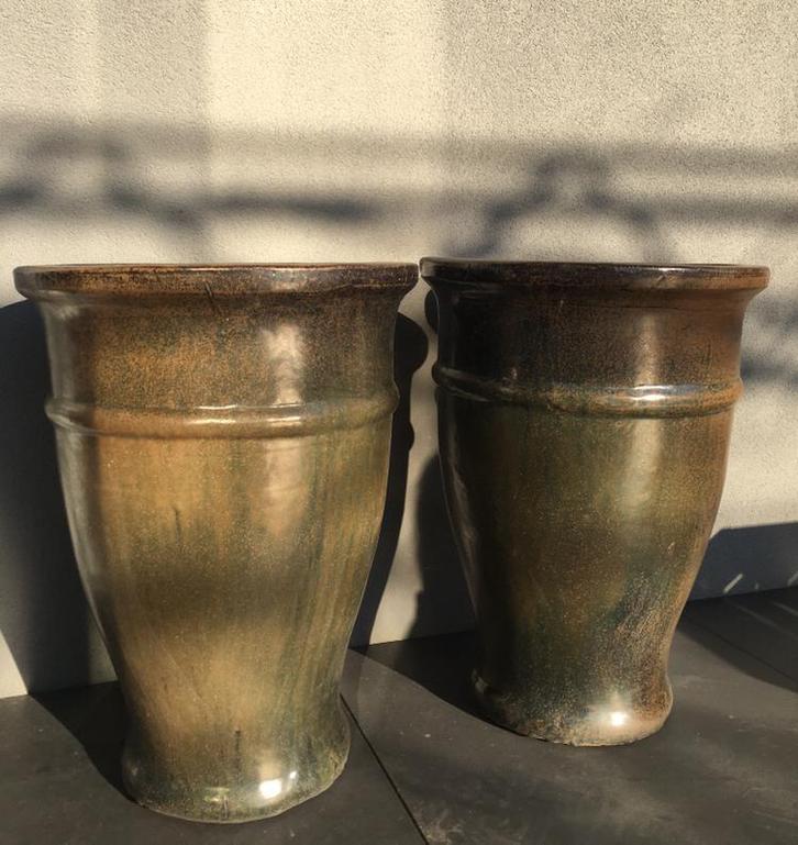 Grote hoge 59cm twee bloempotten groen geglazuurd, Tuin en Terras, Bloempotten, Zo goed als nieuw, Terracotta, Binnen, Balkon