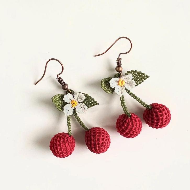 Handgemaakte Limited Kersen Oorbellen – Turkse Naaldkan, Sieraden, Tassen en Uiterlijk, Oorbellen, Nieuw, Rood, Ophalen of Verzenden