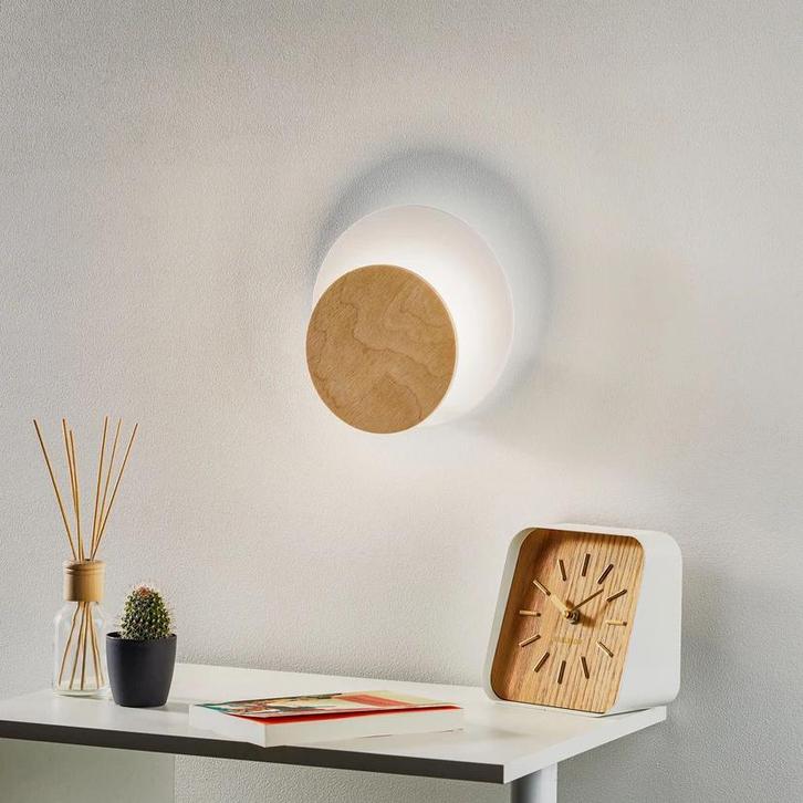 Wandlamp Circle Wit/Hout - Modern Design (2 stuks), Huis en Inrichting, Lampen | Wandlampen, Zo goed als nieuw, Hout, Metaal, Ophalen of Verzenden